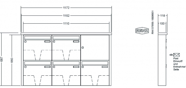 RENZ Briefkastenanlage Aufputz Tetro Kastenformat 370x330x100mm, 5-teilig